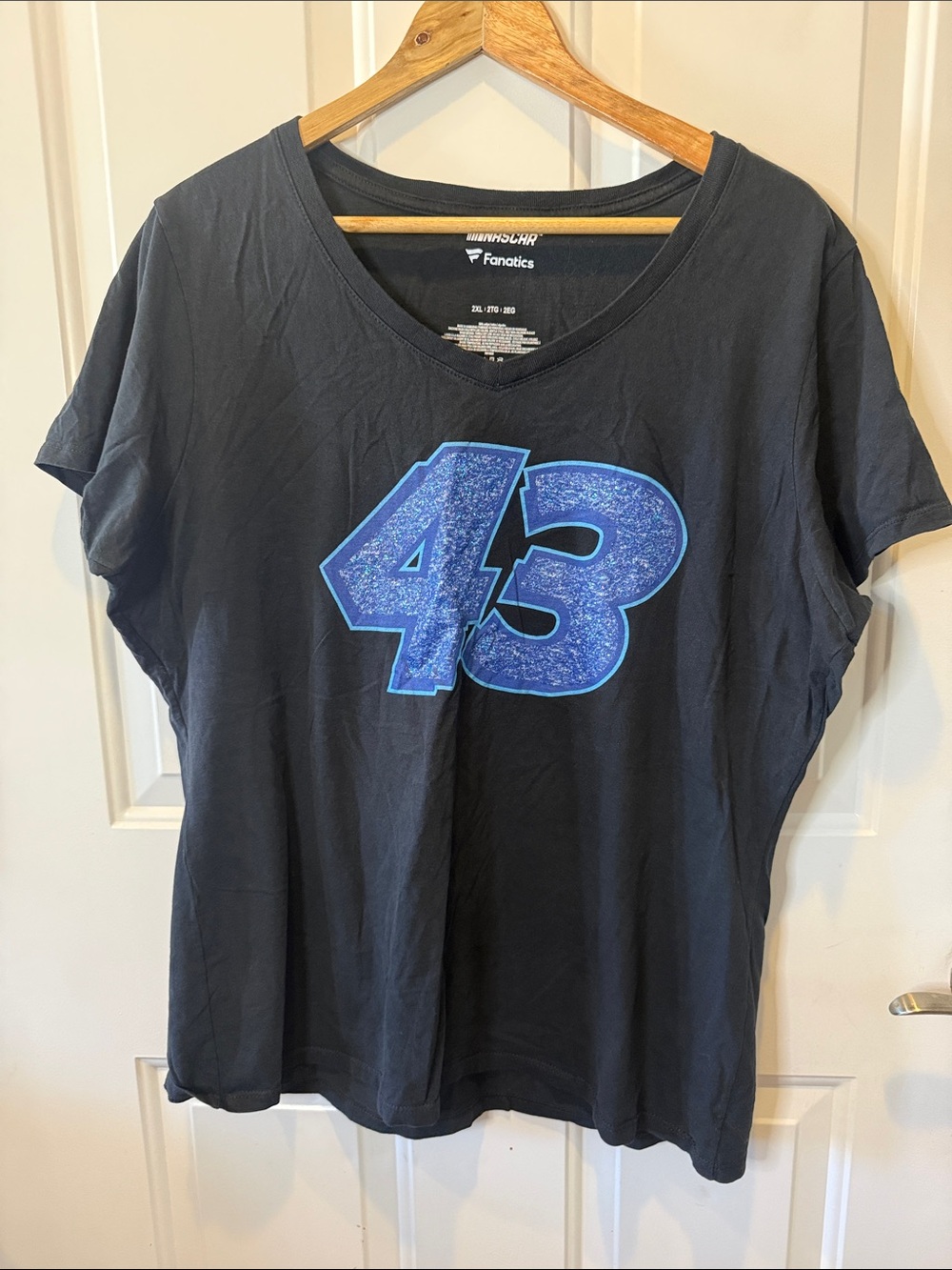 NASCAR Bubba Wallace Fanatics Black V-Neck Tee with Blue Glitter '43' Graphic